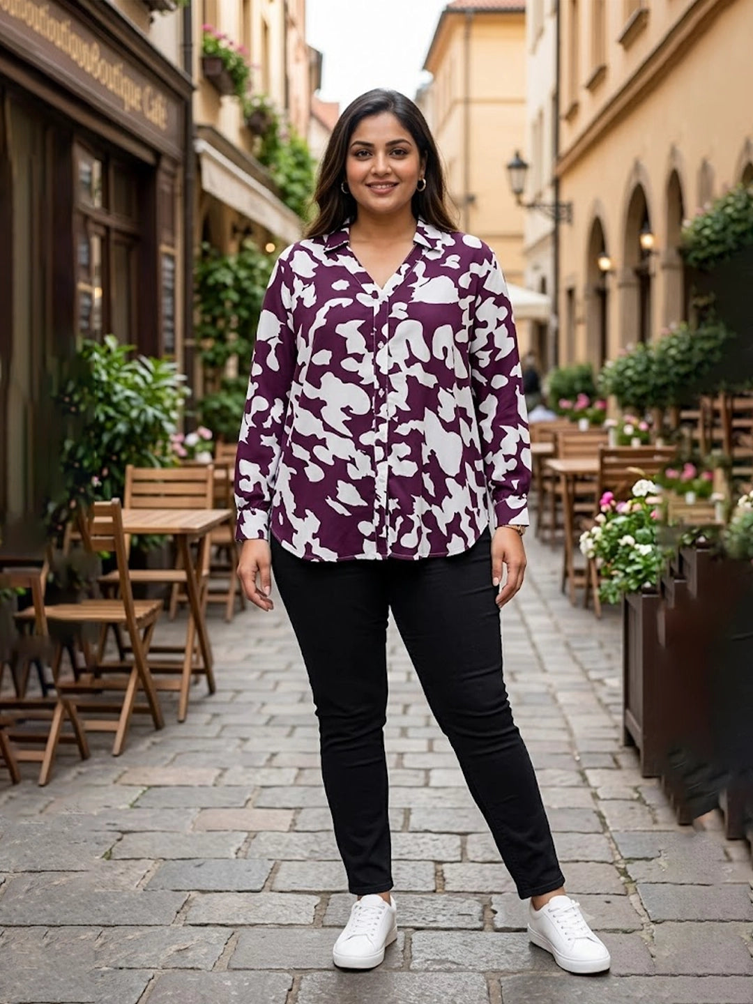 purple abstract crepe shirt — styled look
