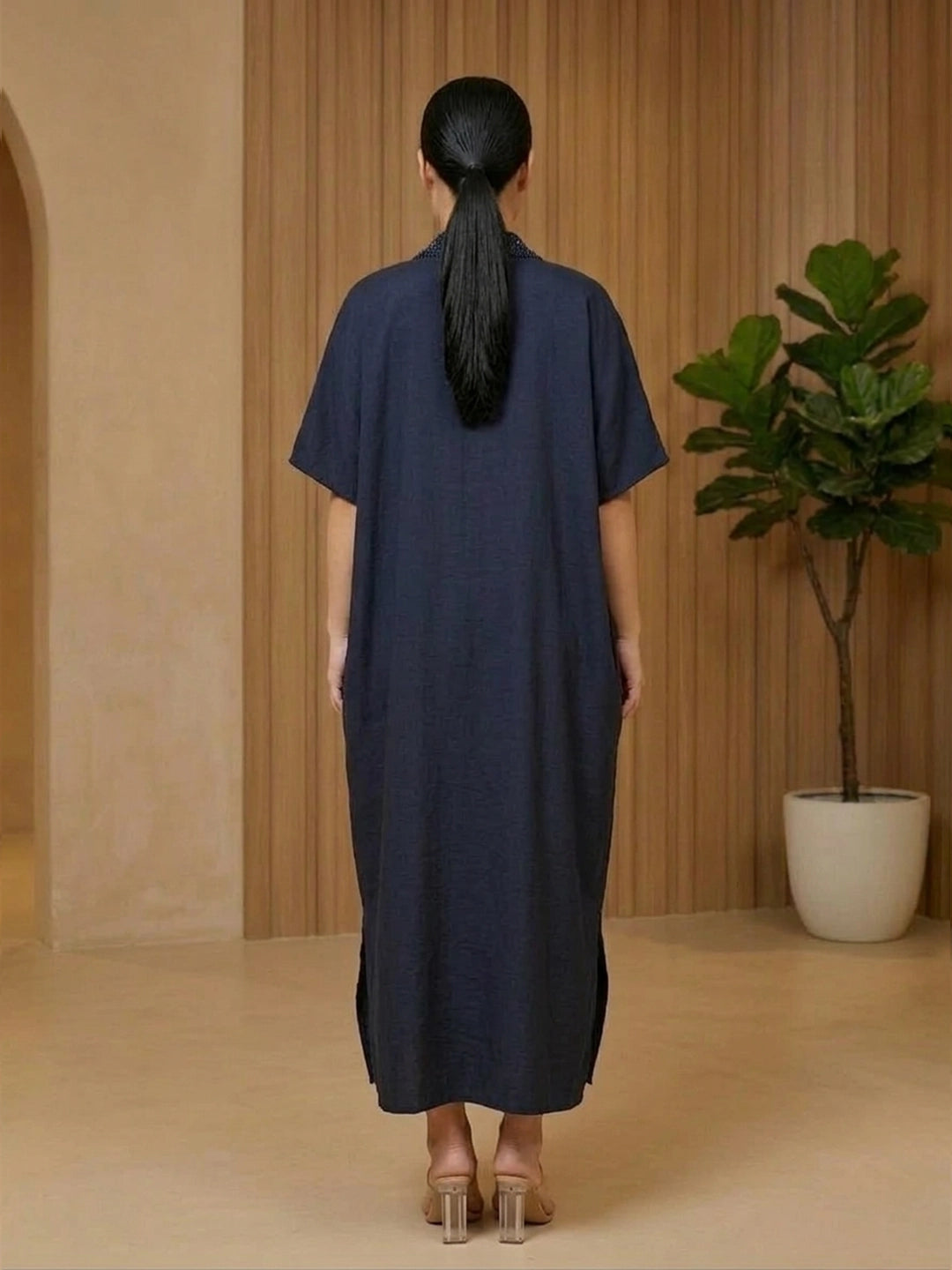 Navy blue kaftaan with sequence detailing in neck