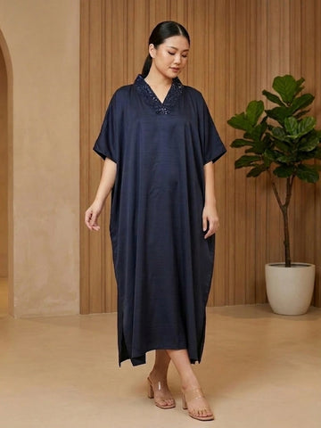Navy blue kaftaan with sequence detailing in neck