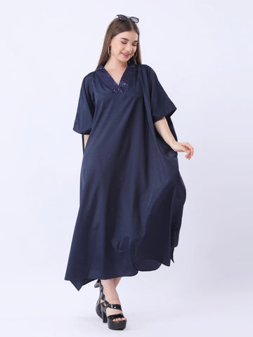 Navy blue kaftaan with sequence detailing in neck