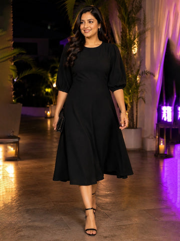 Solid Crepe dress with polka back bow
