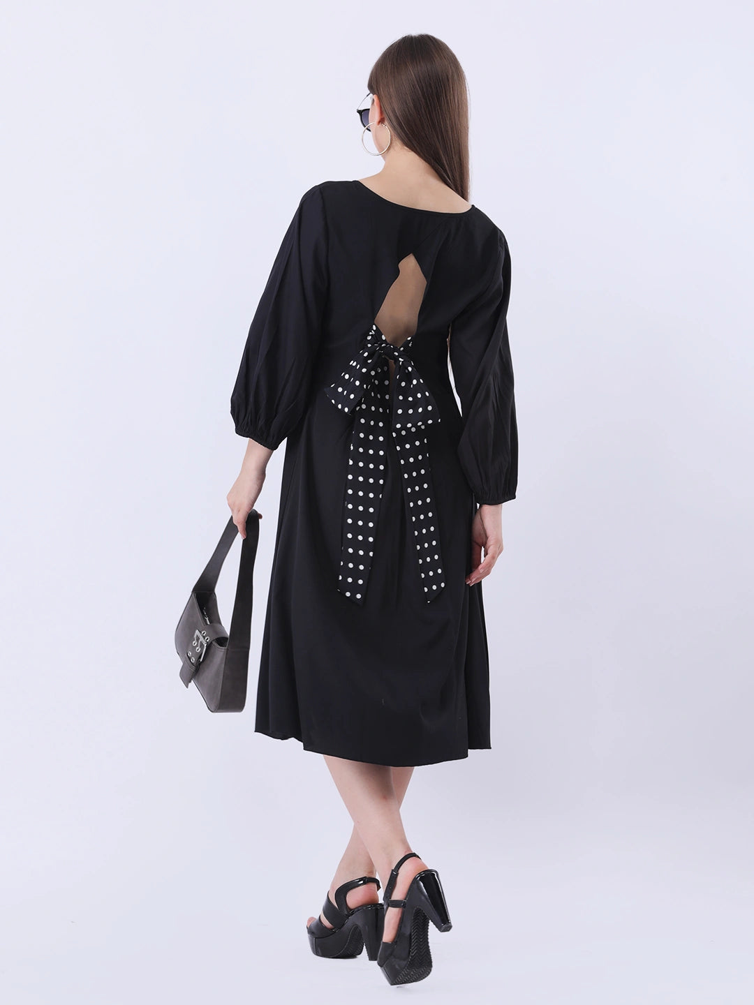 Solid Crepe dress with polka back bow