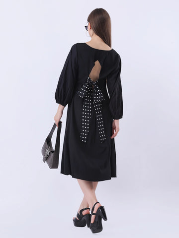 Solid Crepe dress with polka back bow