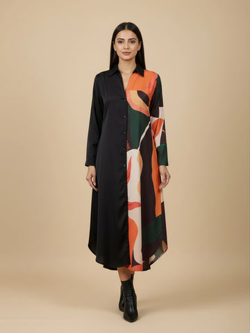 Abstract print color block shirt dress