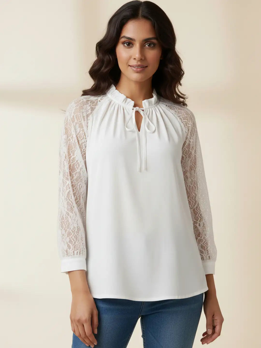 White tie-up neck top with sheer lace sleeves
