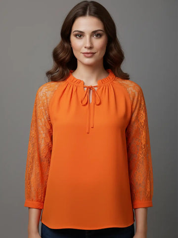 Orange tie-up neck top with sheer lace sleeves