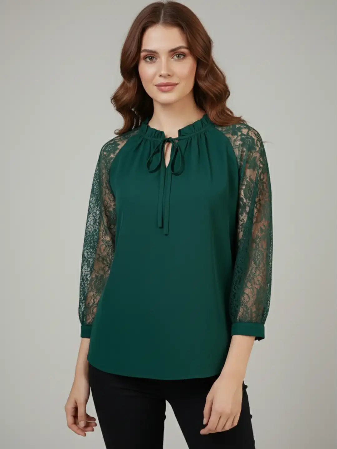 Green tie-up neck top with sheer lace sleeves
