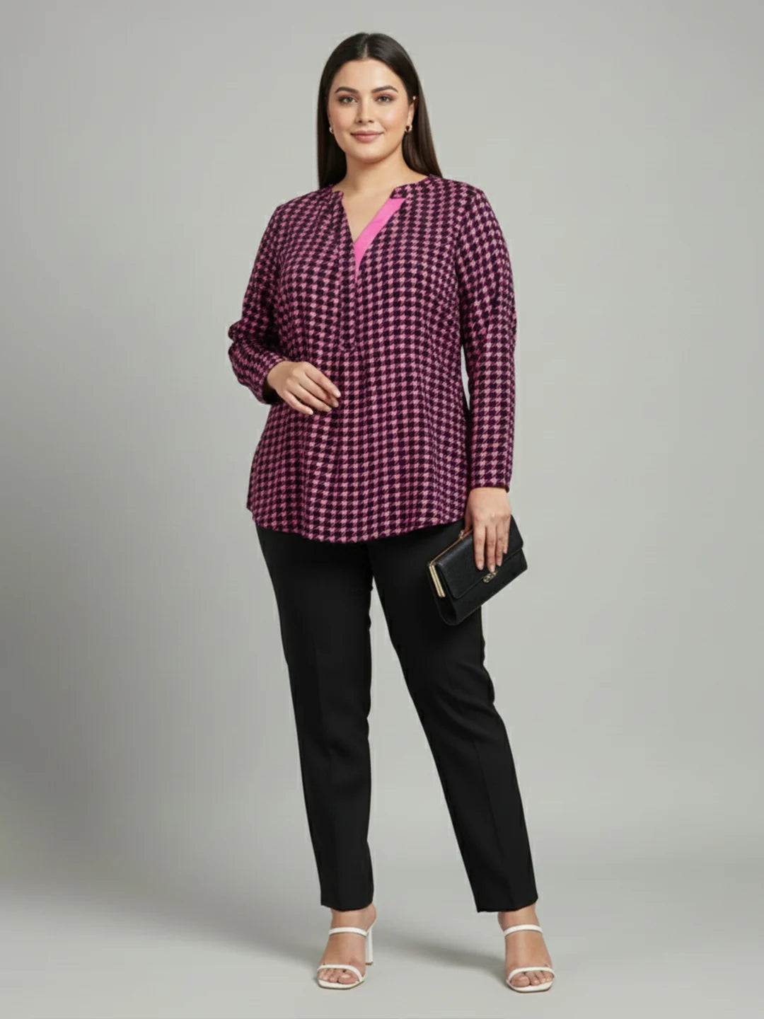 pink houndstooth crepe shirt — styled look