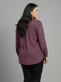 pink houndstooth crepe shirt — close-up detail