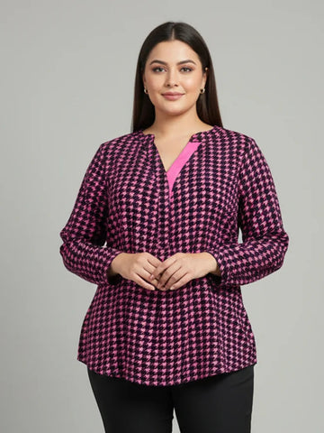 pink houndstooth crepe shirt for women in sizes XXS to 5XL