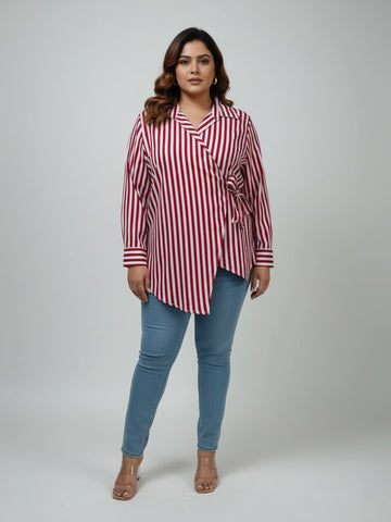 Maroon & white stripe wrap around shirt