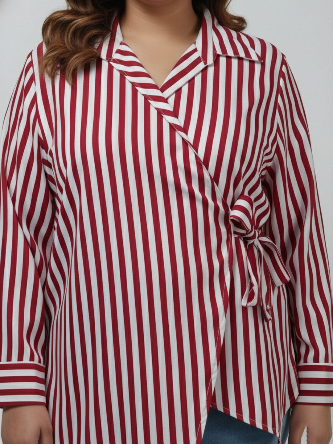 Maroon & white stripe wrap around shirt