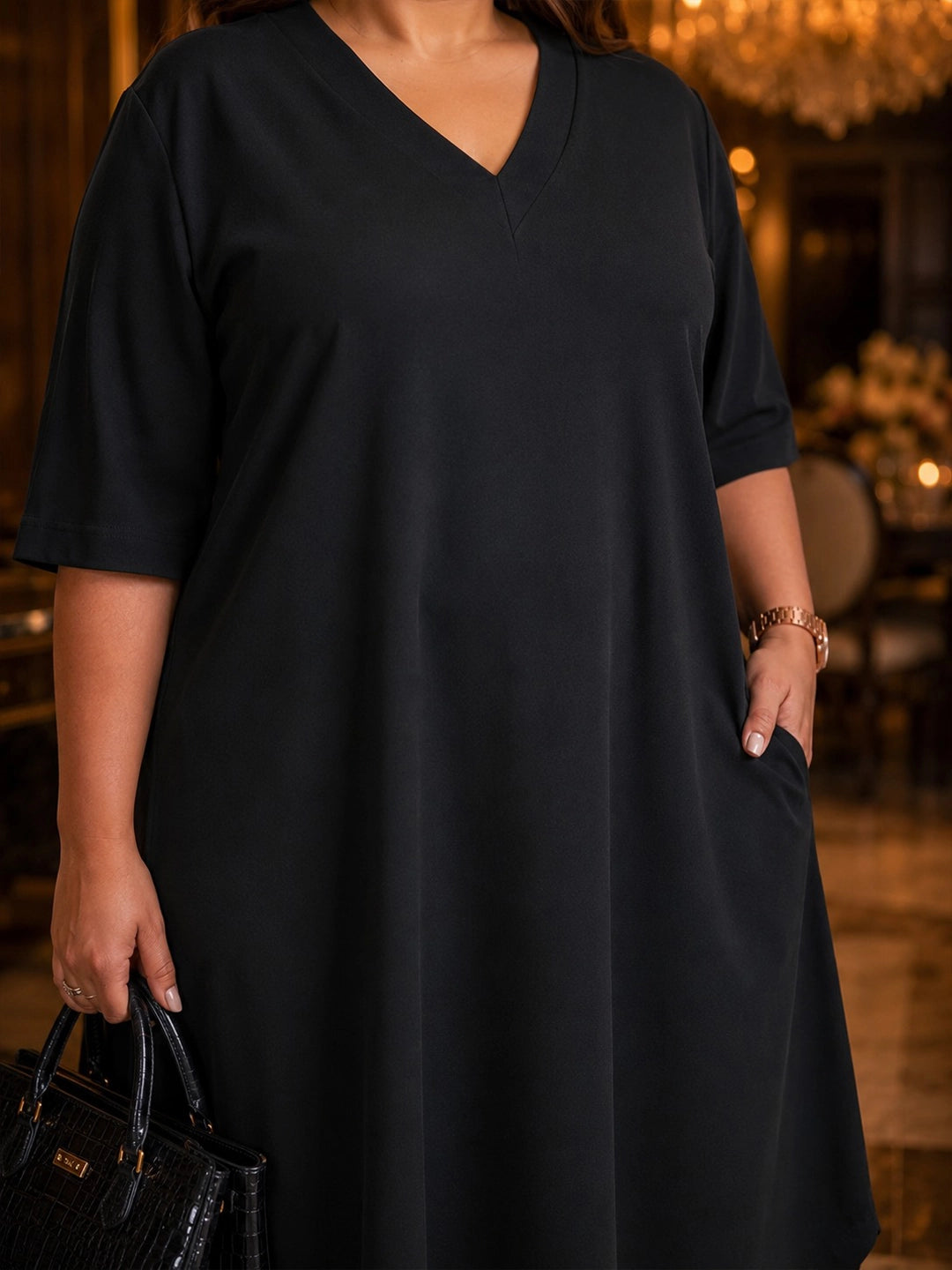 Solid V-neck loose fit dress