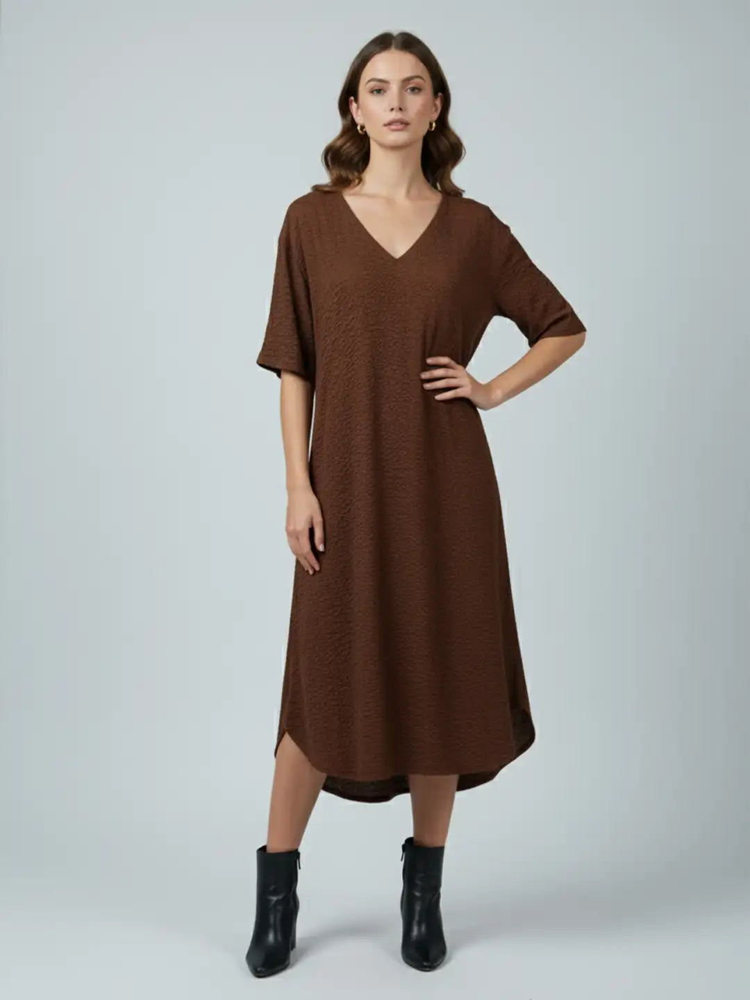 Brown lycra V-neck loose fit dress