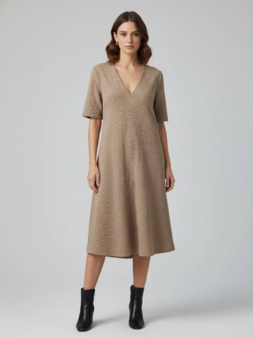 Beige lycra V-neck loose fit dress