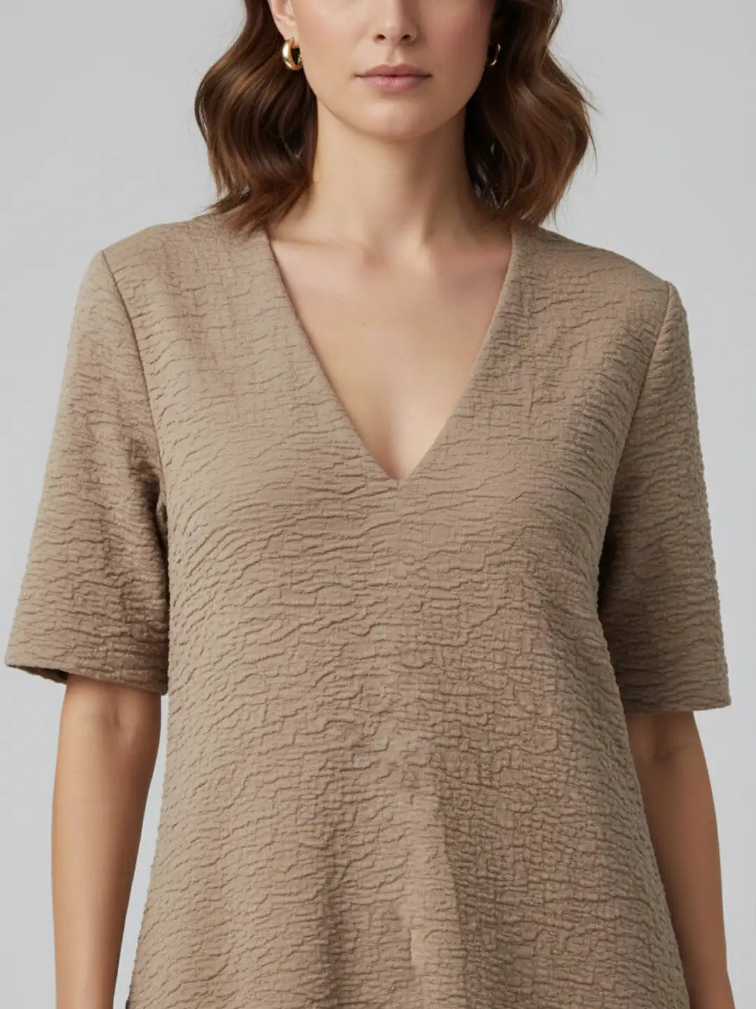 Beige lycra V-neck loose fit dress