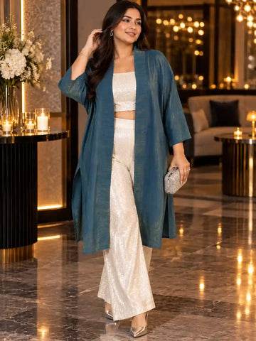 Teal gold zari long shrug