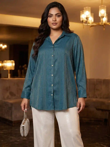 Teal gold zari shirt with cuff sleeves