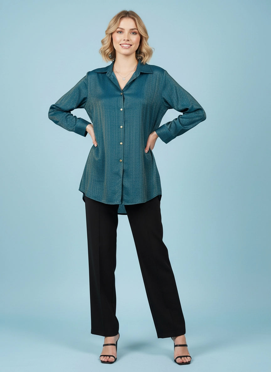 Teal gold zari shirt with cuff sleeves