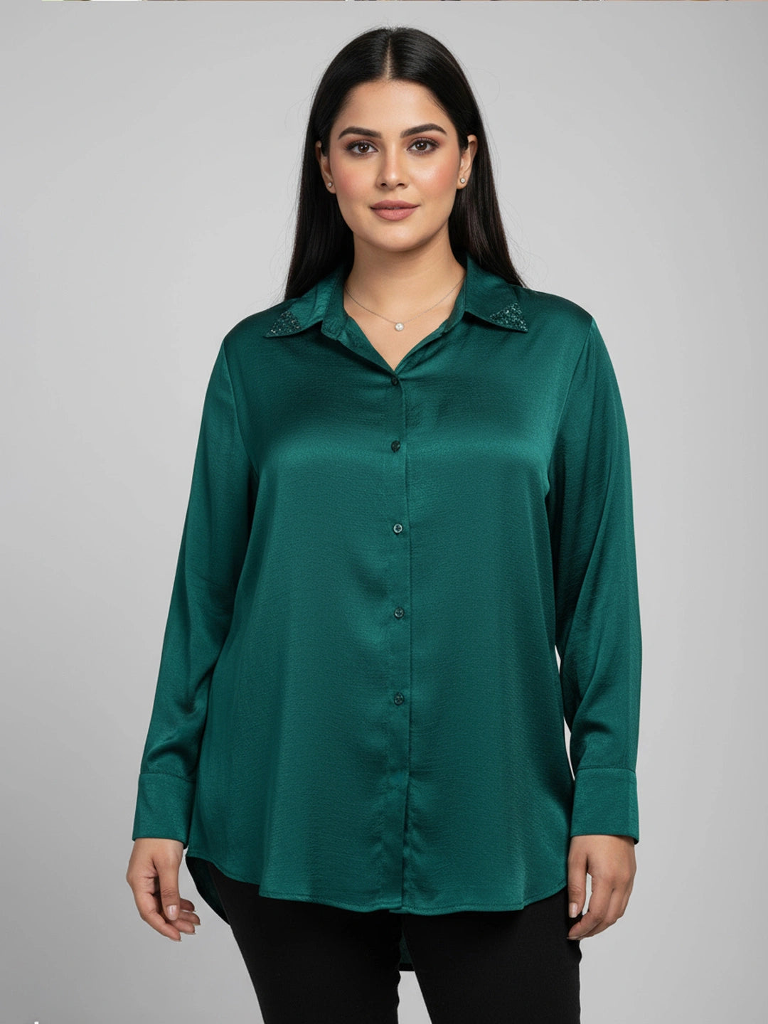 Teal satin crush shirt with sequin embellishment