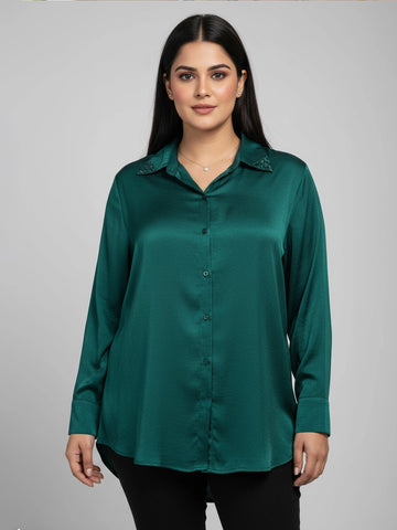 Teal satin crush shirt with sequin embellishment