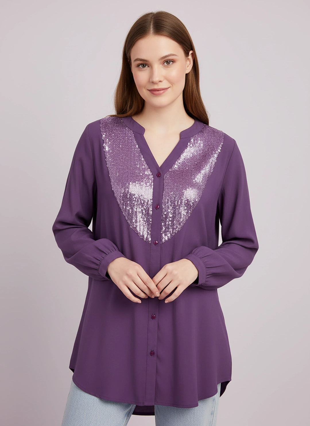 Lilac silk sequined yoke shirt
