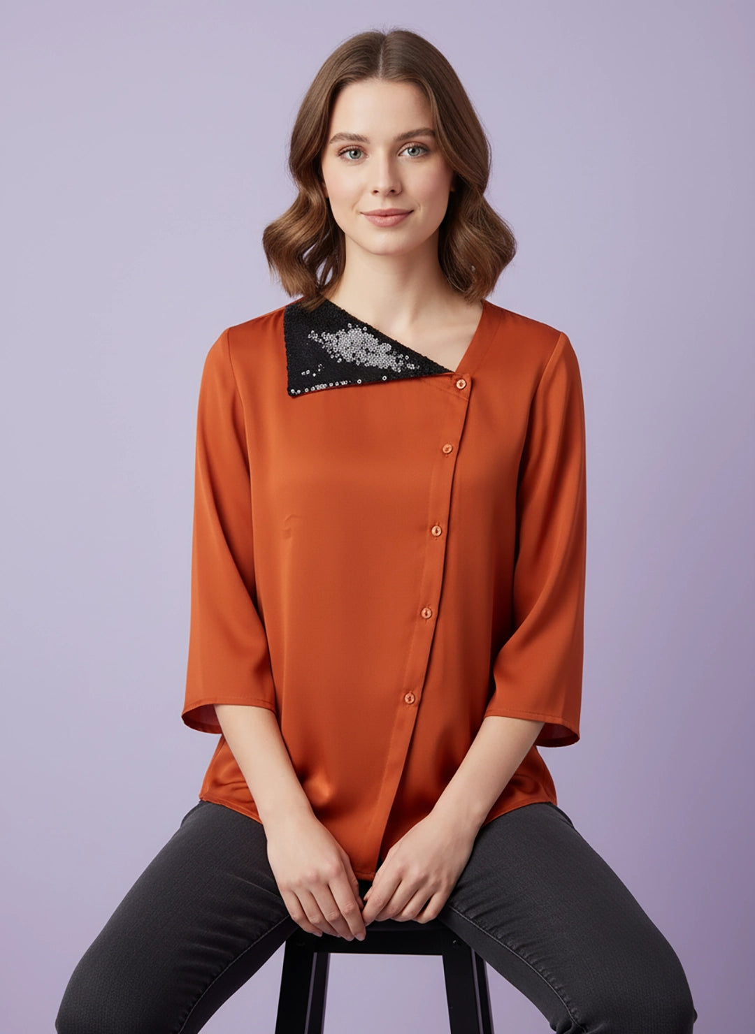 Sequin embellished side collar satin shirt