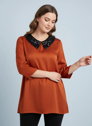 Sequin collar satin top