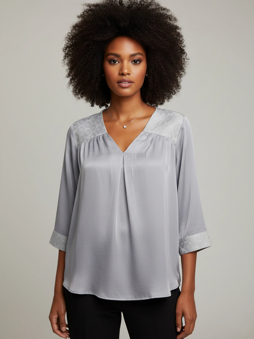 Grey silk v-neck top with brocade detailing