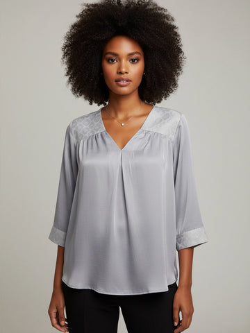 Grey silk v-neck top with brocade detailing