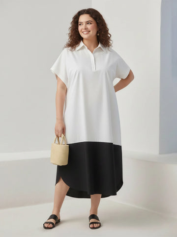 White & black poplin colorblock oversize dress