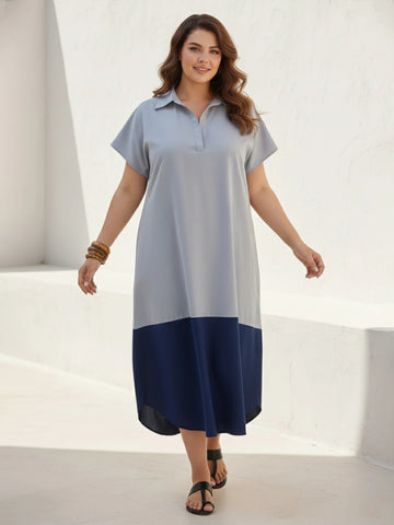 Grey & navy poplin colorblock oversize dress