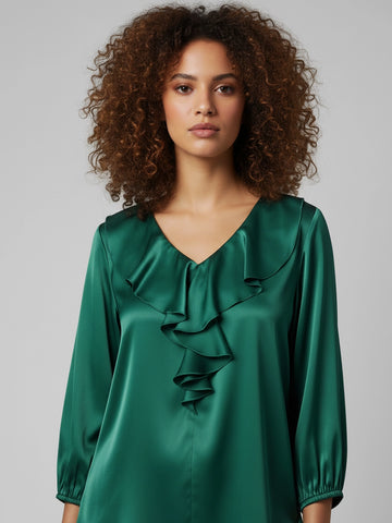 Green satin ruffle neck top