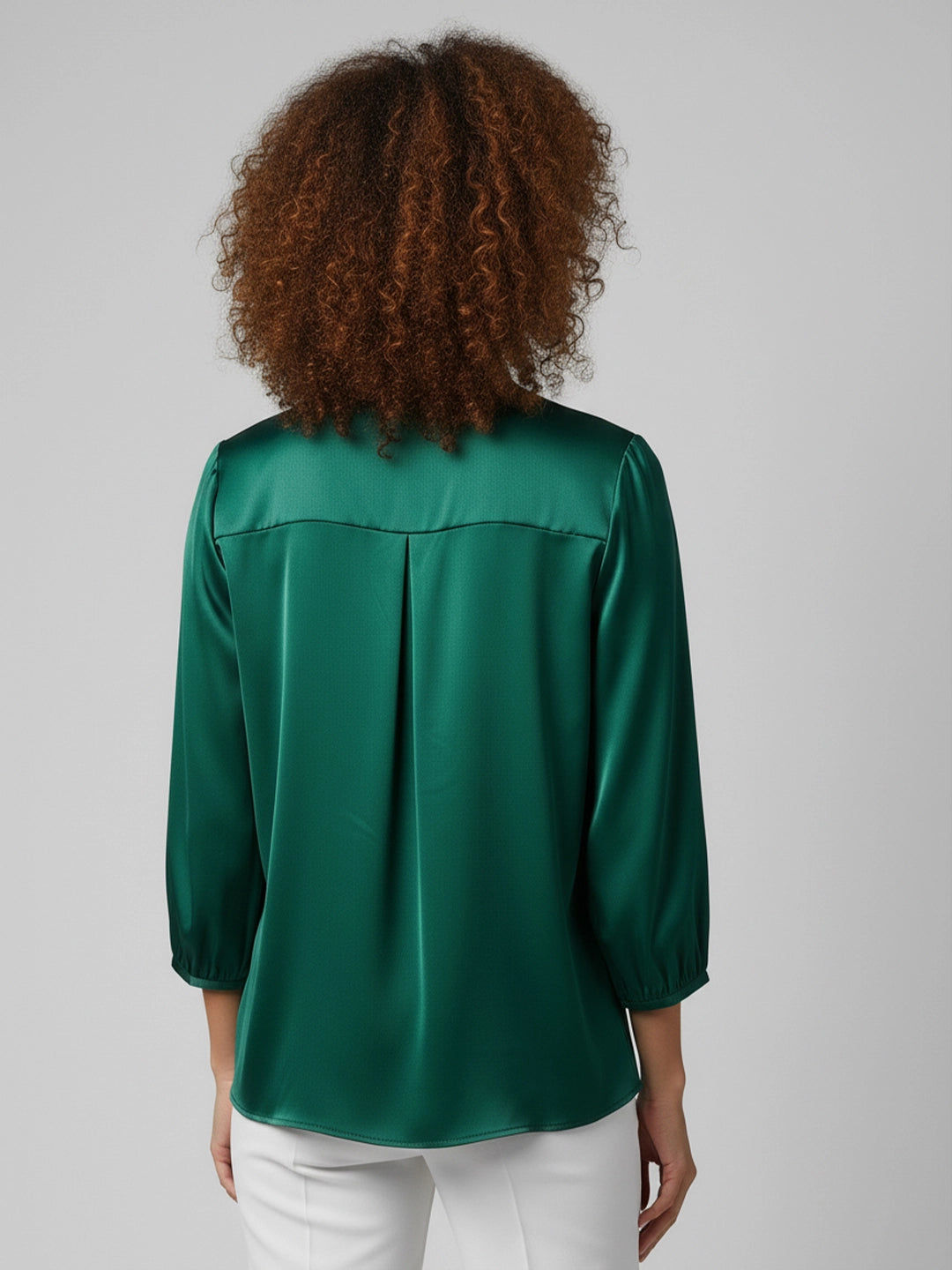 Green satin ruffle neck top