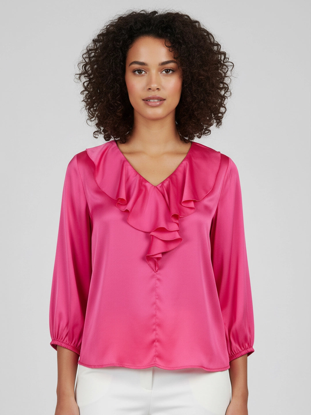 Pink satin ruffle neck top