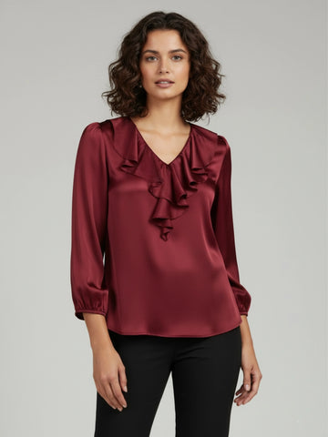 Maroon satin ruffle neck top