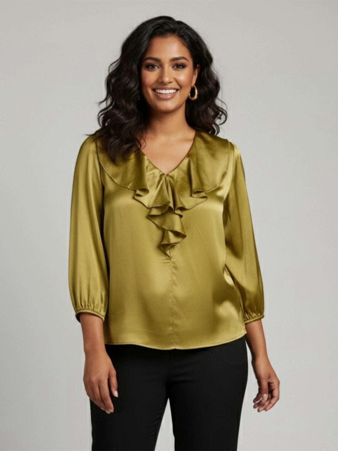 Satin olive green ruffle V-neck top