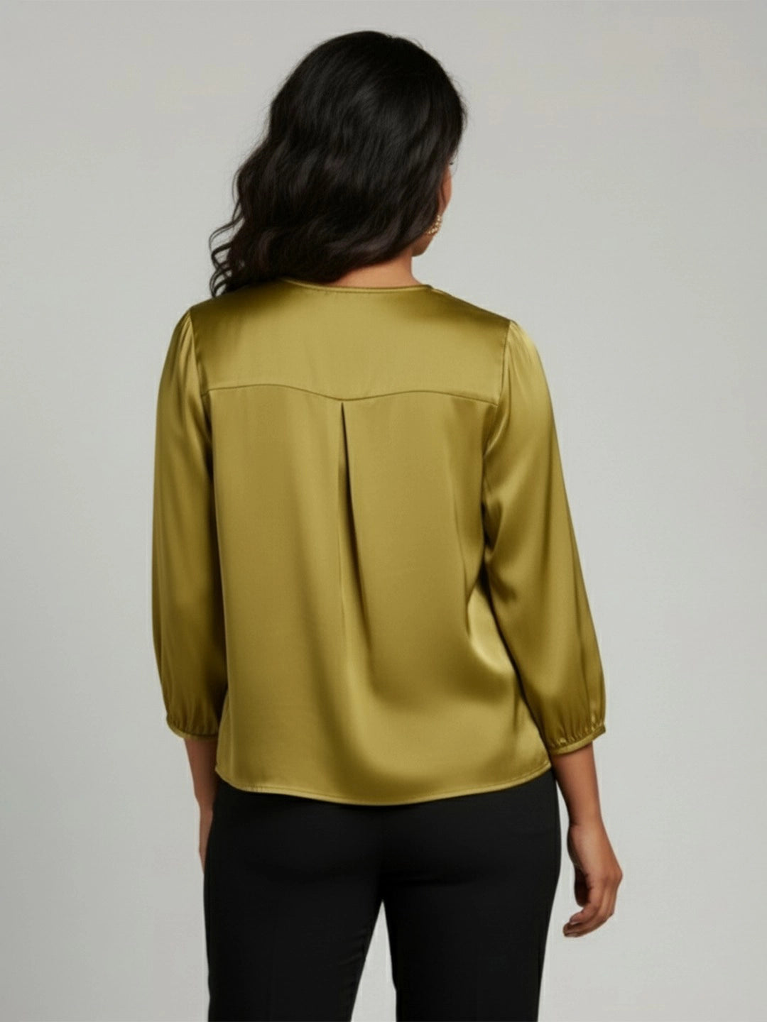 Satin olive green ruffle V-neck top