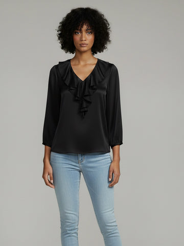 Satin black ruffle V-neck top