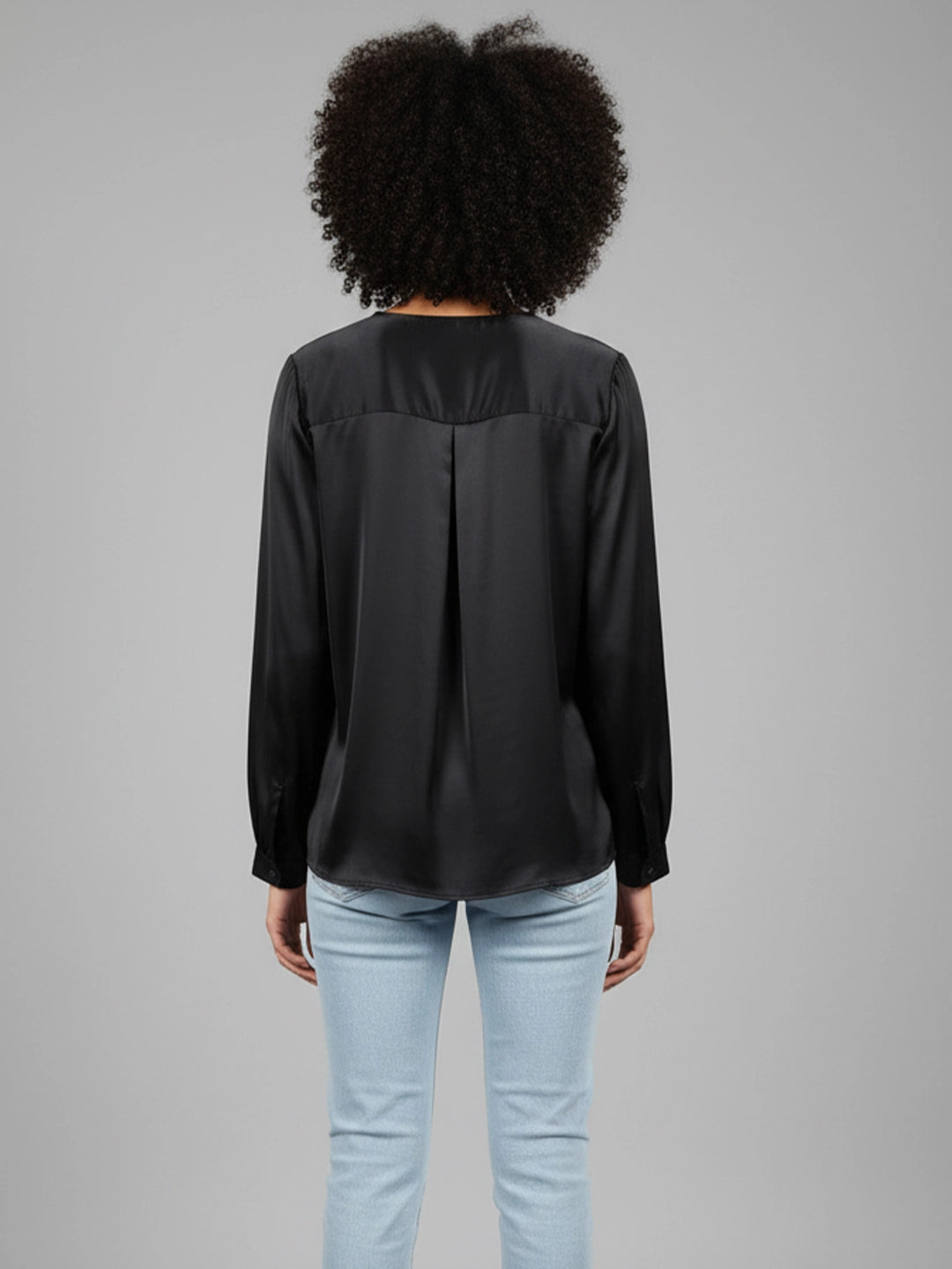 Satin black ruffle V-neck top