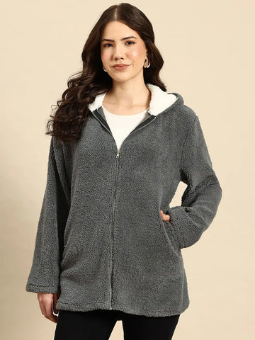 Gray Sherpa fleece Hoodie with zipper