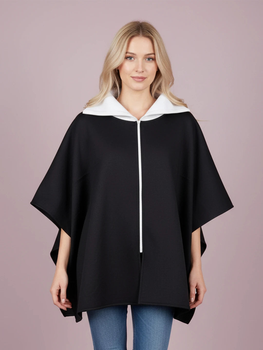Black fleece poncho jacket contrast wide collar