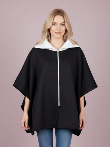 Black fleece poncho jacket contrast wide collar