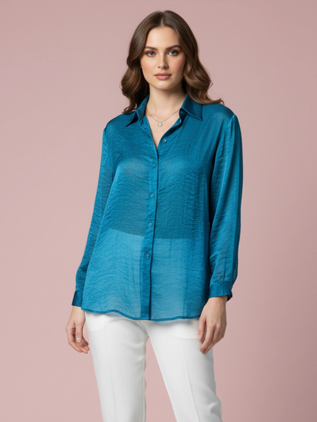 Teal organza party shirt with cuff sleeves