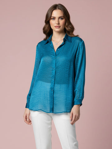 Teal organza party shirt with cuff sleeves
