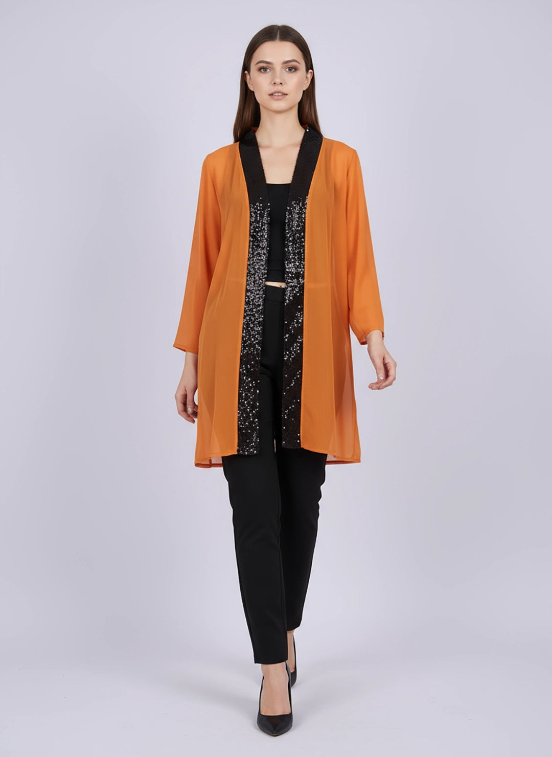 Orange georgette shrug with contrast sequins border