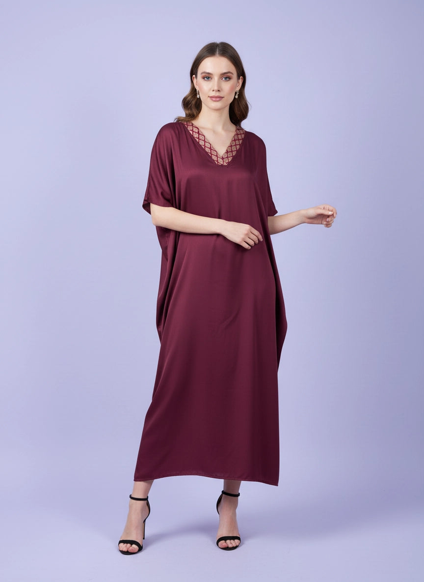 Maroon kaftan with brocade detailing in neck