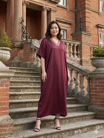 Maroon kaftan with brocade detailing in neck