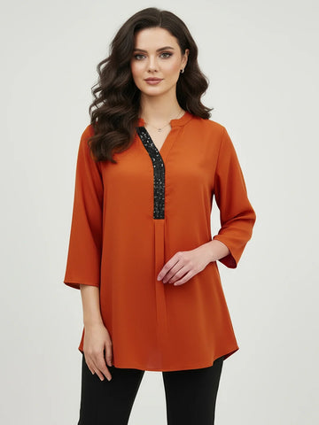 Sequin placket mandarin collar silk blend shirt