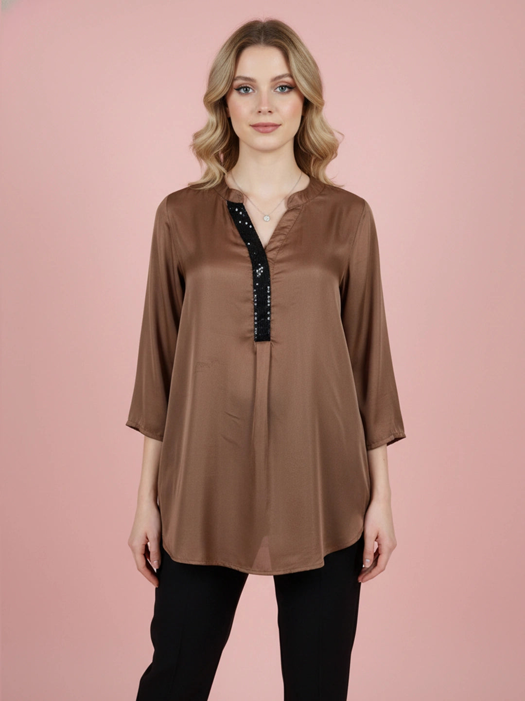 Sequin placket mandarin collar silk blend shirt